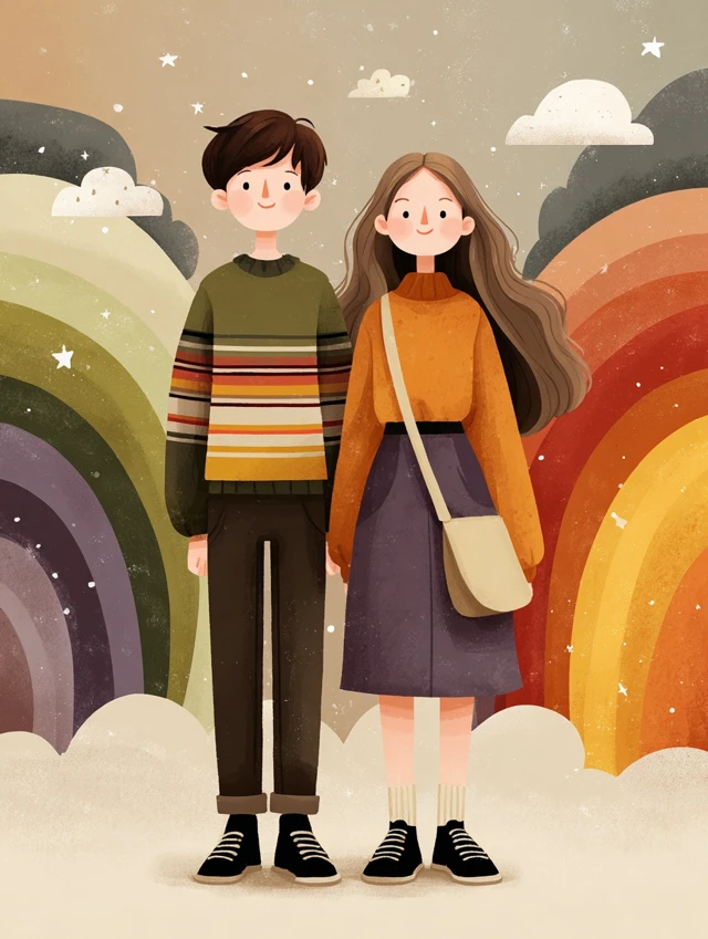 Couple Illustration Rainbow Background