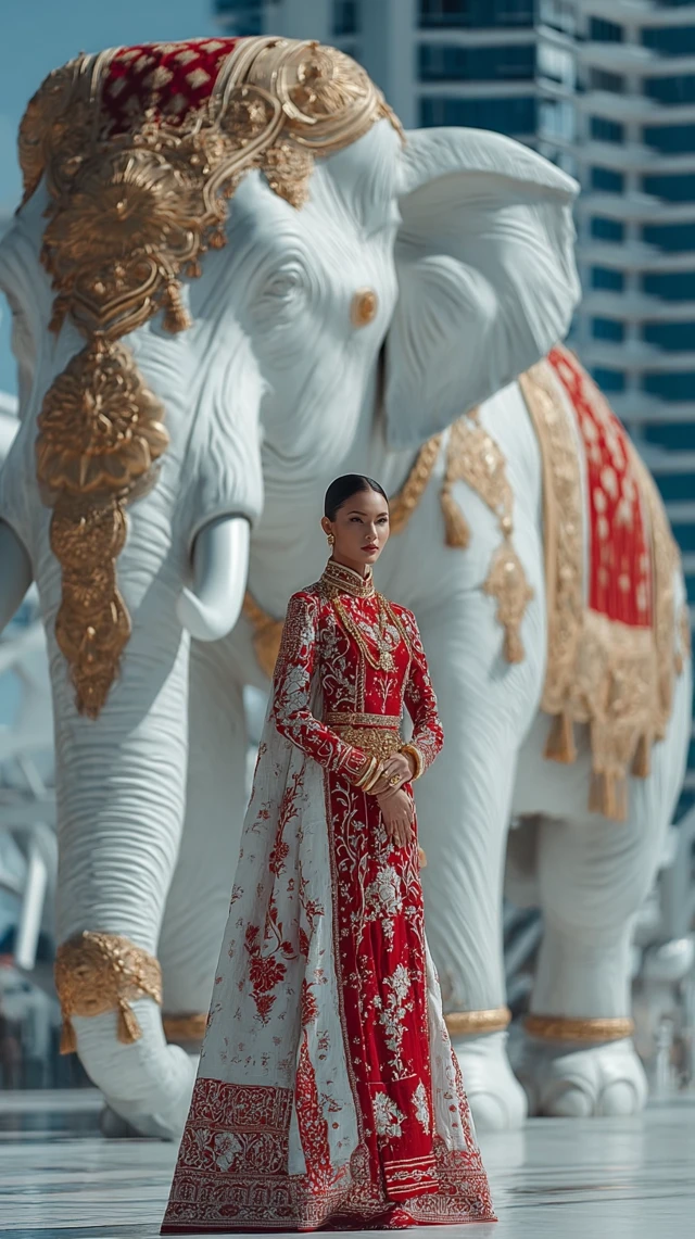 Thai Woman in Royal Dress with White Elephant