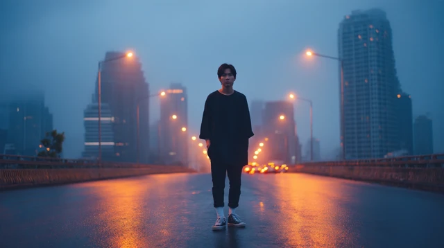 Thai Man Standing Alone on Bridge in Bangkok