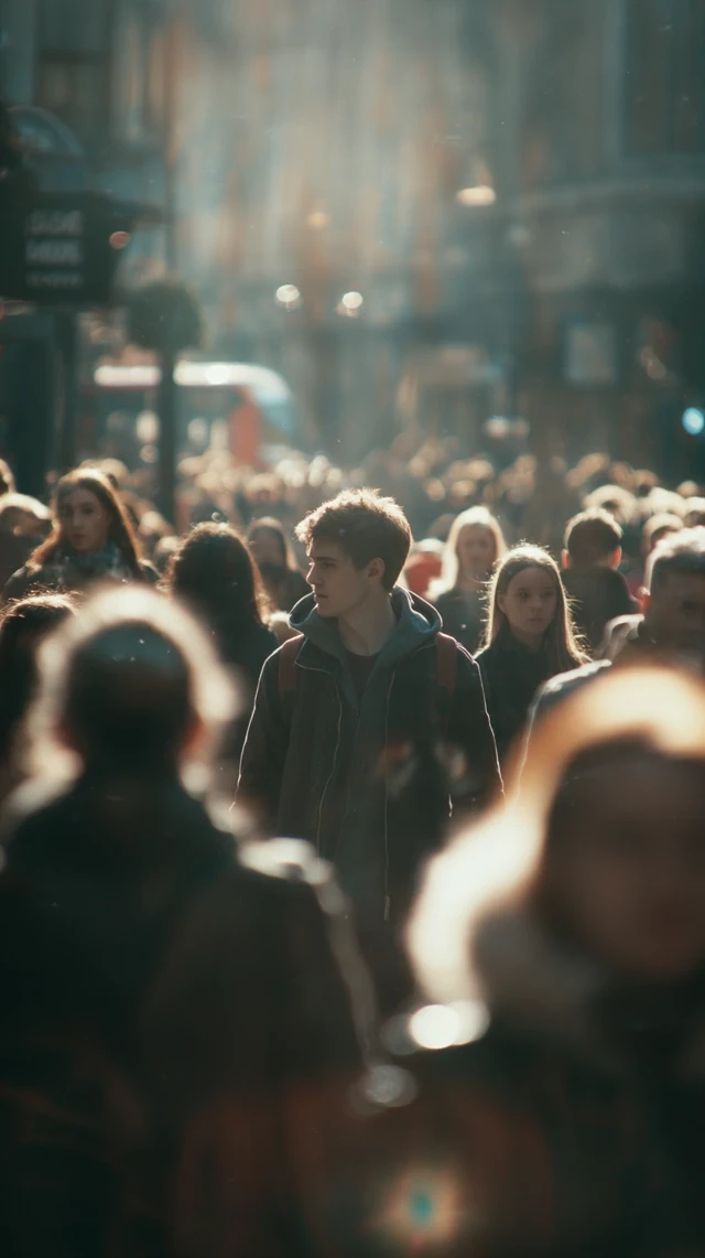 Young Adult Walking Through Urban Crowd Cinematic