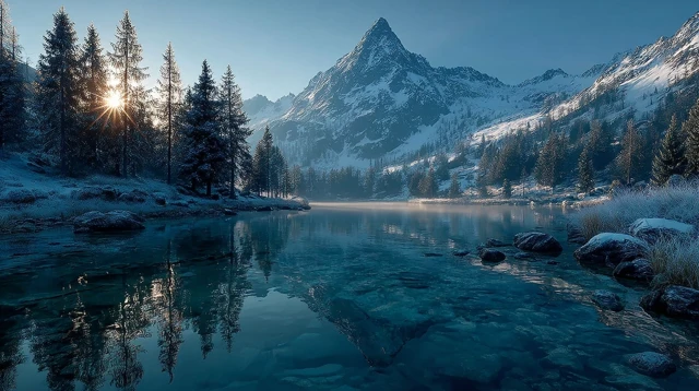 Mountain Lake Sunrise Scenery with Snow Covered Peaks