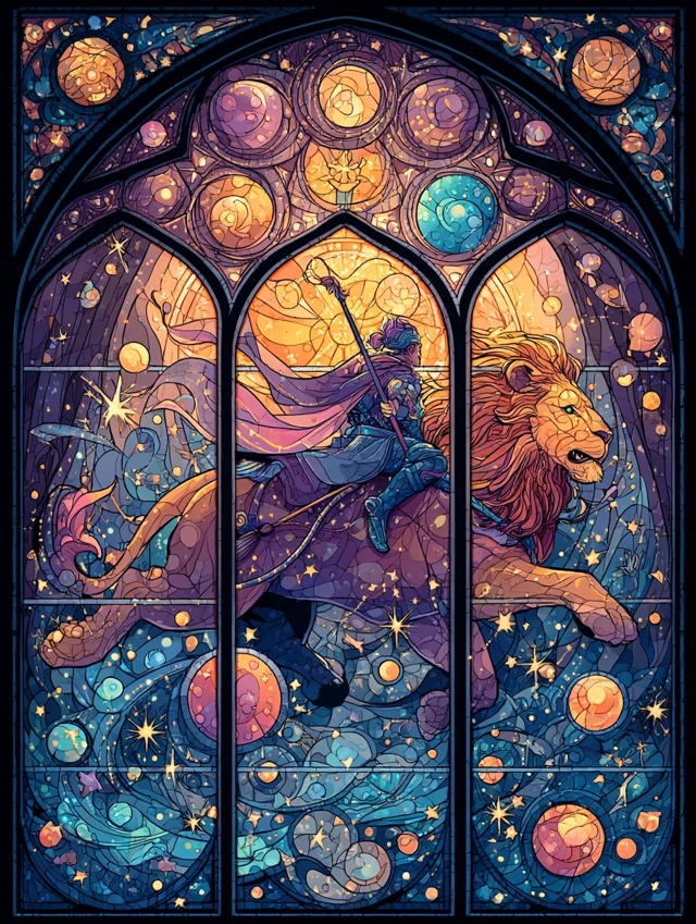 Moon Circus Tamer Cosmic Lion Stained Glass Art