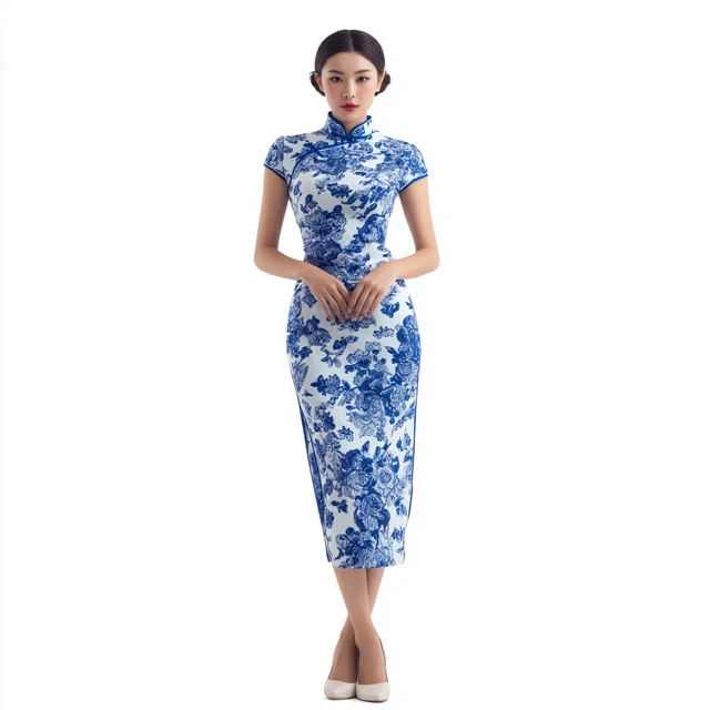 Chinese Girl in Blue Porcelain Cheongsam Dress
