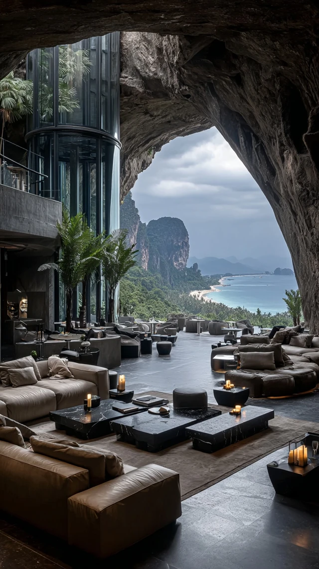 Luxury Cave Lounge Interior with Beach View