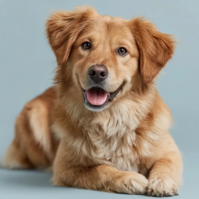 Happy Golden Retriever on Light Blue Background