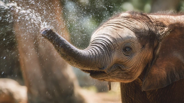 Baby Elephant Spraying Water Photography