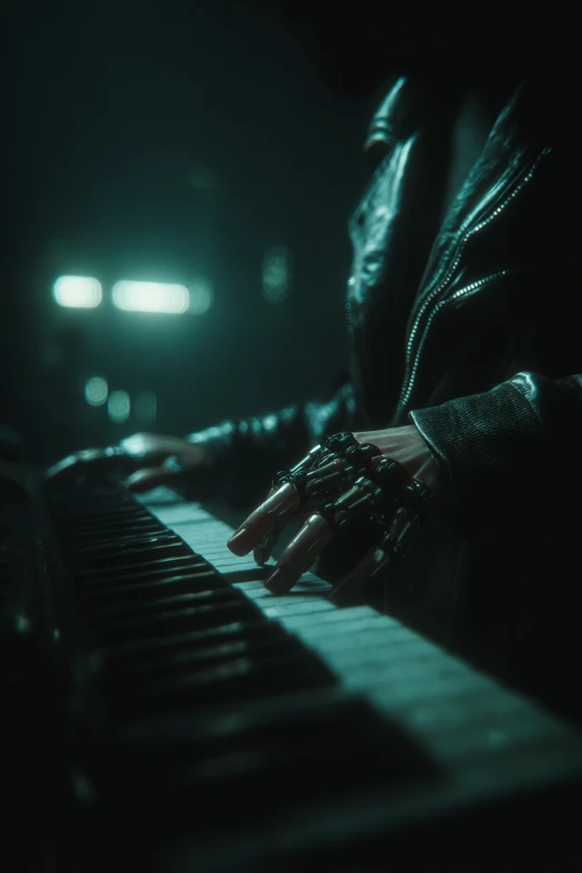 Cyberpunk Piano Player Futuristic SciFi Art