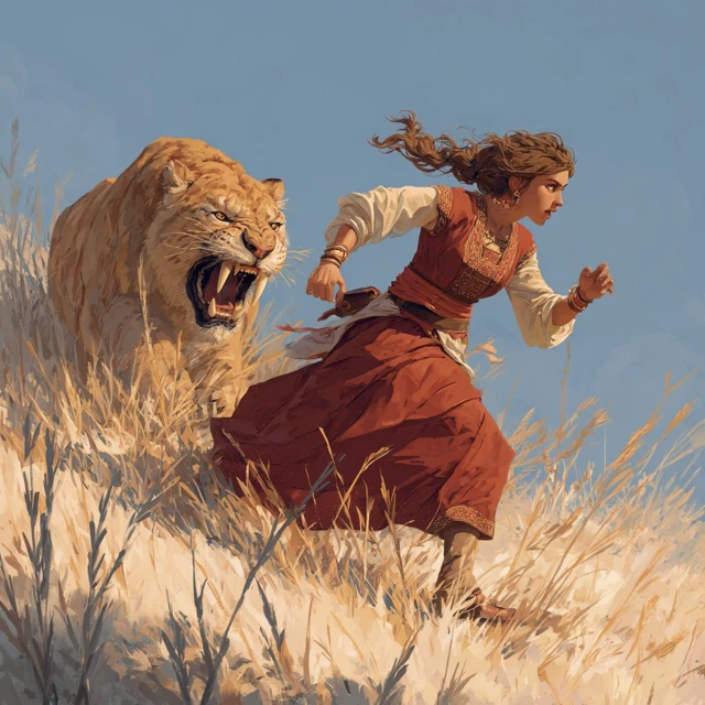 Woman Escapes Saber Tooth Tiger Historical Art