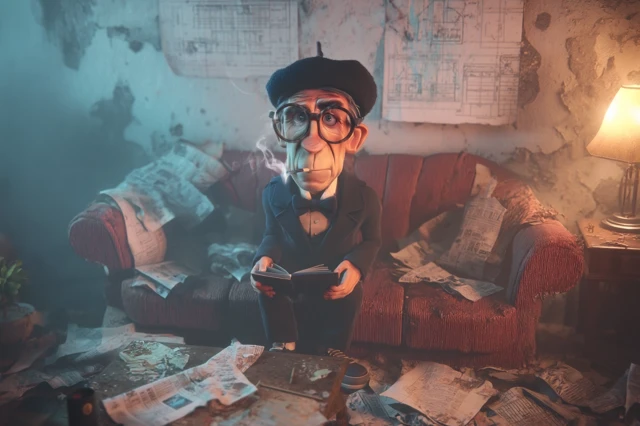 Anxious Man in Black Suit Smoking and Reading