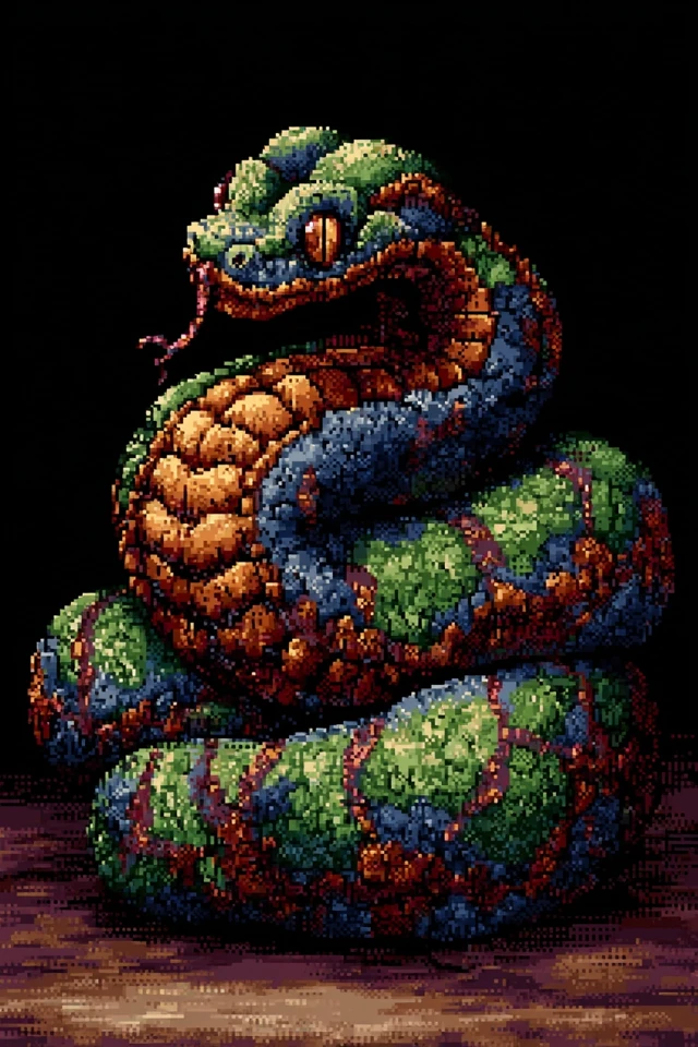 Pixel Art Snake Dynamic Pose Green Colors