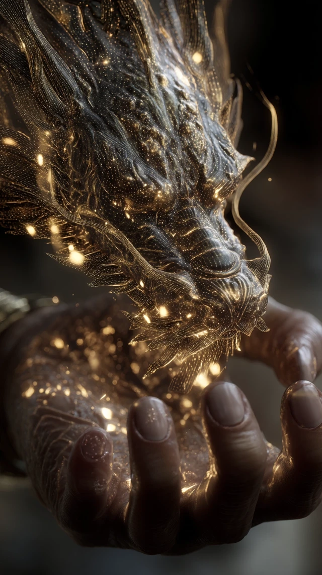 Golden Dragon Head Emerging From Hand Eastern Art
