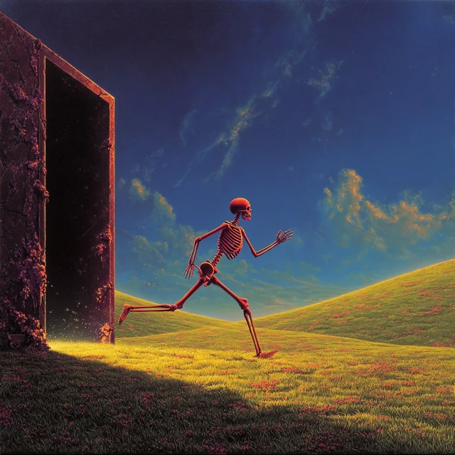 Red Skeleton Emerging From Portal In A Green Field
