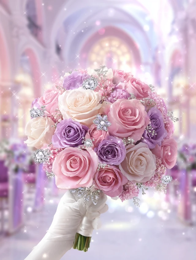 Elegant Wedding Bouquet Pink and Purple Roses Diamonds