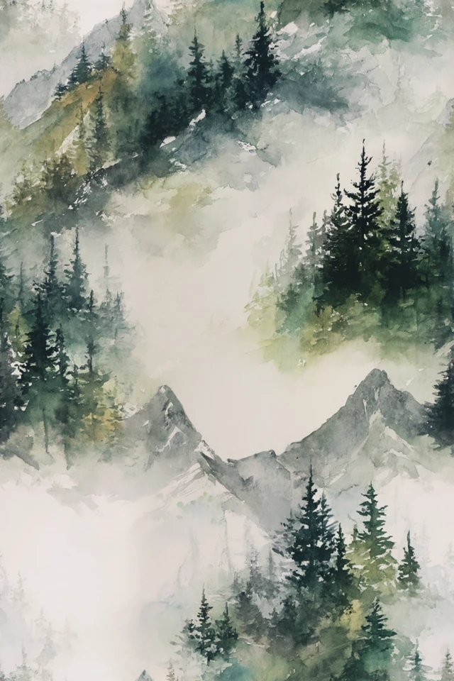 Misty Forest Watercolor Painting Scenery Art