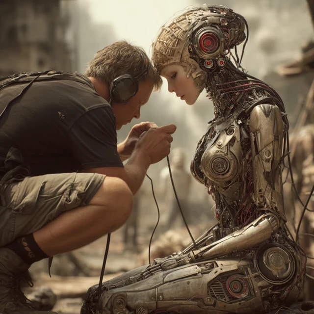 Man Repairing Bionic Woman in Dystopian Scene