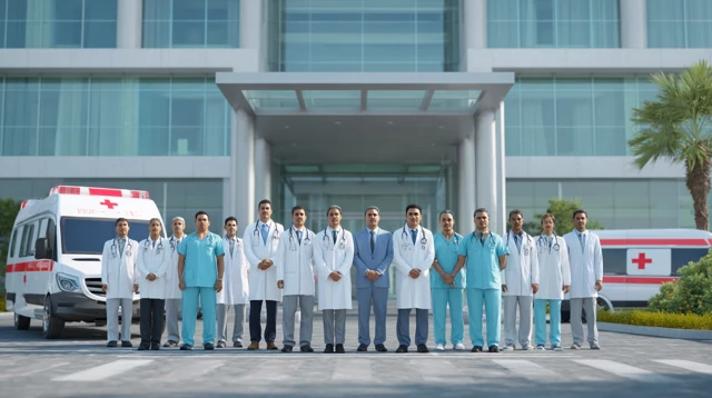 Indian Hospital Staff Team Standing Outside