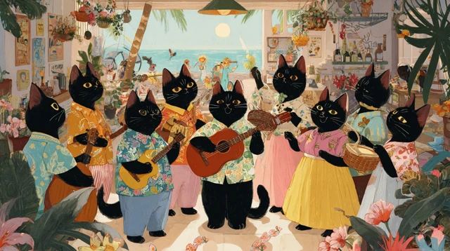 Cats Playing Bossa Nova Seaside Town Art