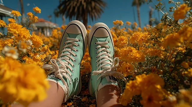 Sneakers in Flower Field Photography
