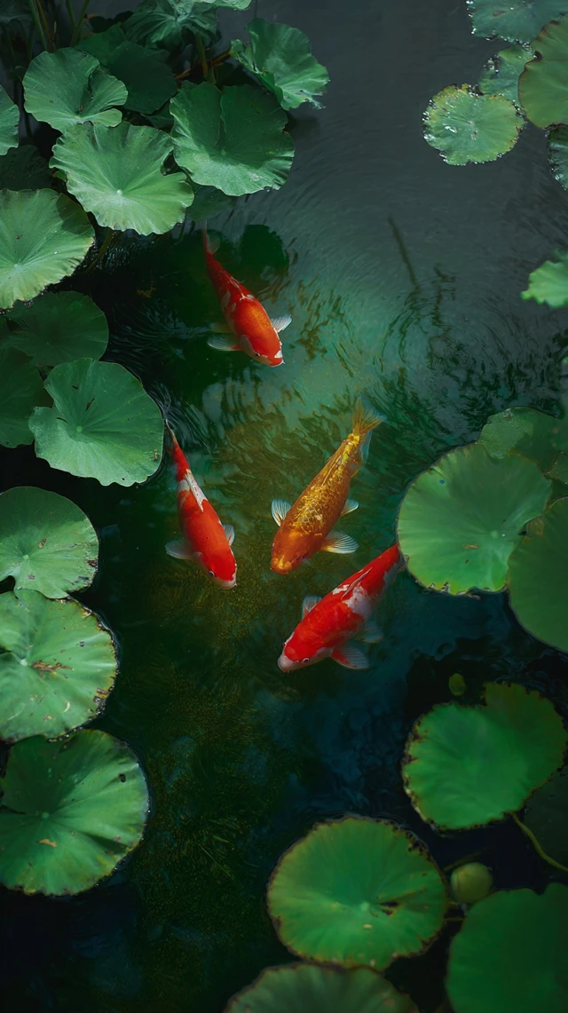 Koi Fish and Lotus Leaves in Tranquil Waters