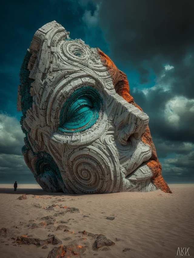 Surreal Cyborg Head Stone Sculpture Art