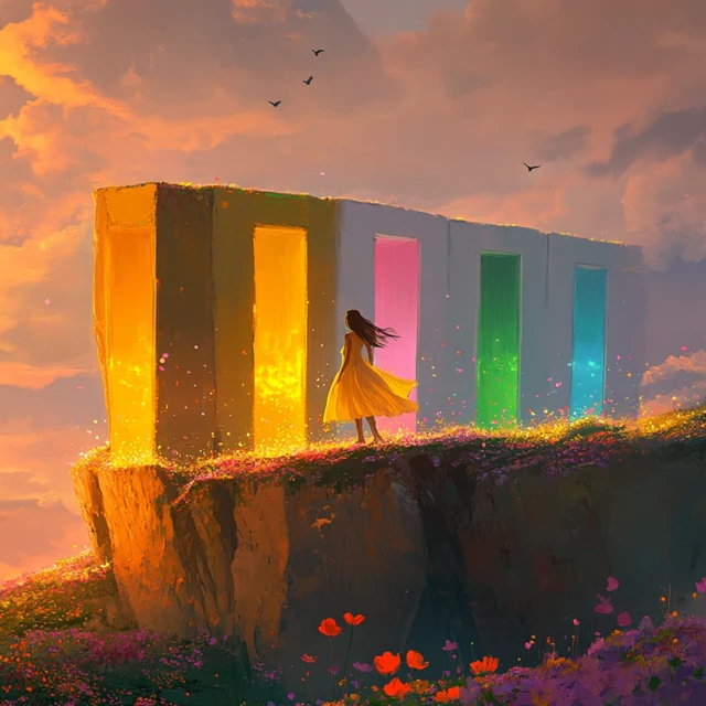 Dreamlike Scene Woman at Golden Cliff Doorways