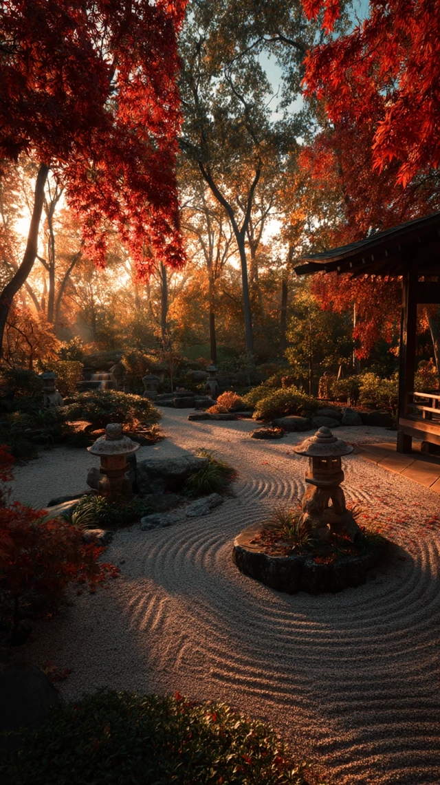 Zen Garden in Autumn: Stone Lanterns and Maple Trees