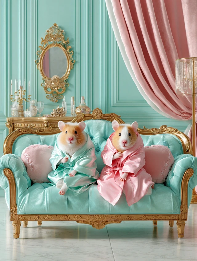 Cute Hamsters in Bathrobes Relaxing in Luxury