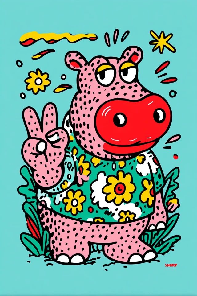 Tired Hippo Makes OK Gesture Funny Cartoon Art