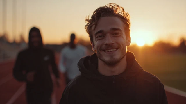 Man Running Track Smiling at Camera Cinematic Still