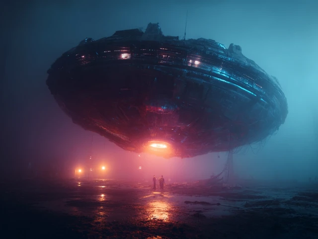 Mysterious High Tech UFO Over Cityscape