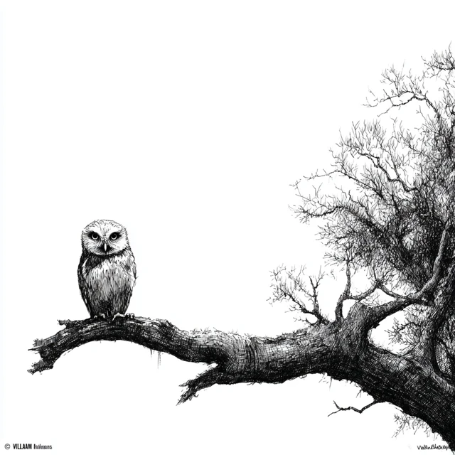 Owl on Branch Black and White Art