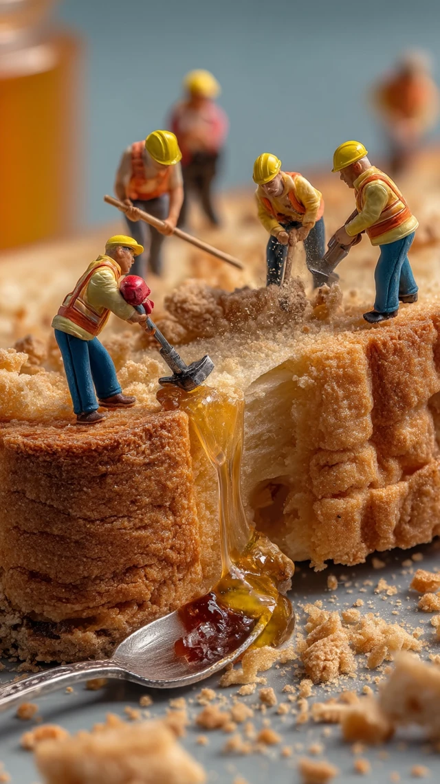 Miniature Workers on a Rusk