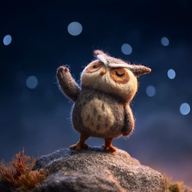 Cute Owl Hero Felt Figurine Stargazing at Night