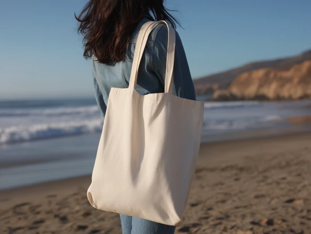 Tote Bag Mockup on Beach Woman with Ocean Background