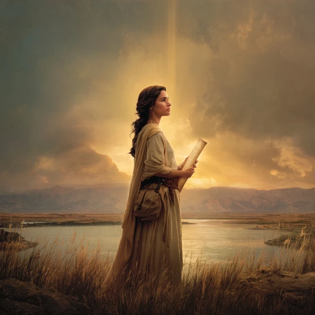 Woman in Bible Times with Light Scroll Sunset