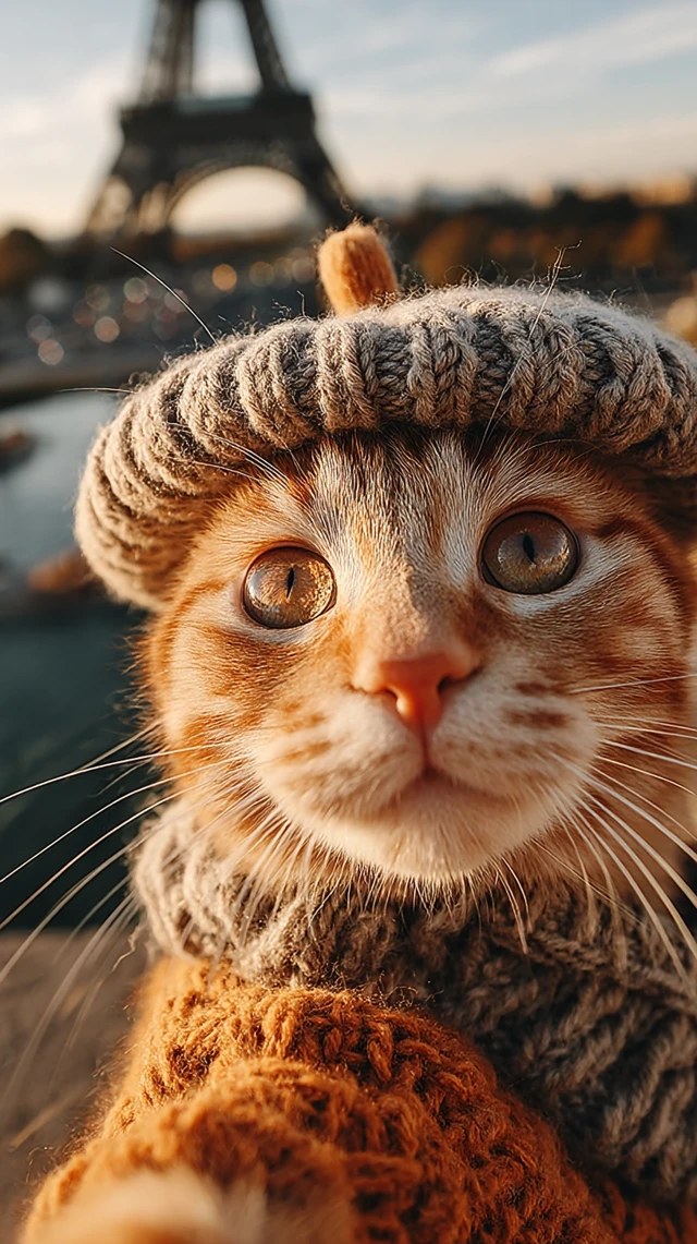 Cat in Paris Selfie Eiffel Tower
