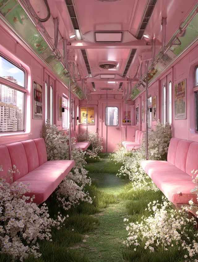 Dreamy Subway Train Interior Springtime Flowers