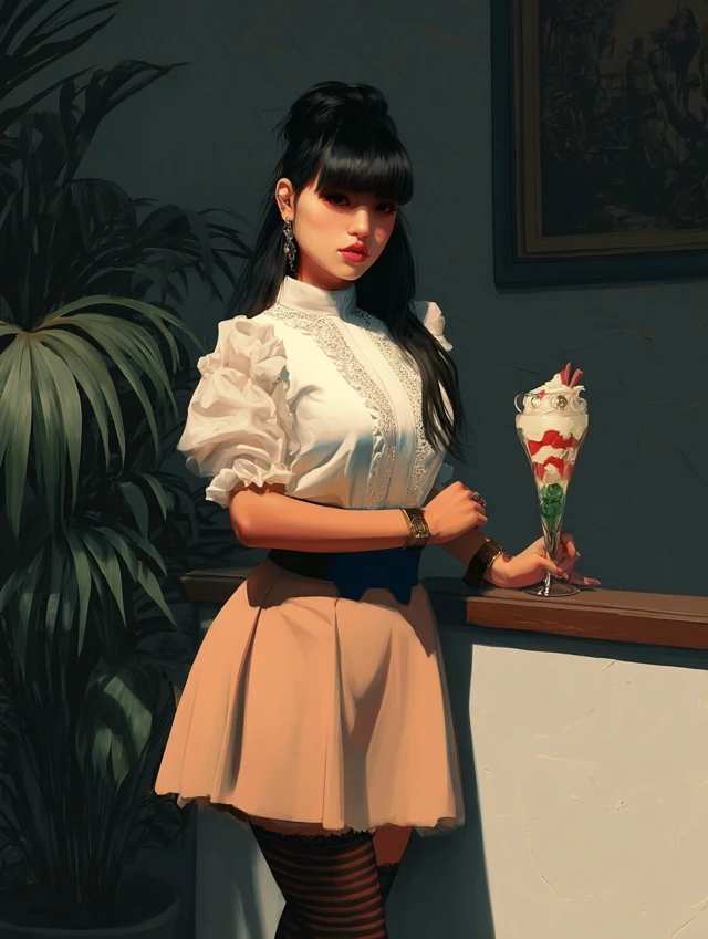 Anime Maid with Parfait Dessert Cafe Fantasy Art