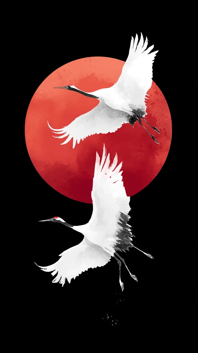 Japanese Crane Painting Red Sun Minimalist Art
