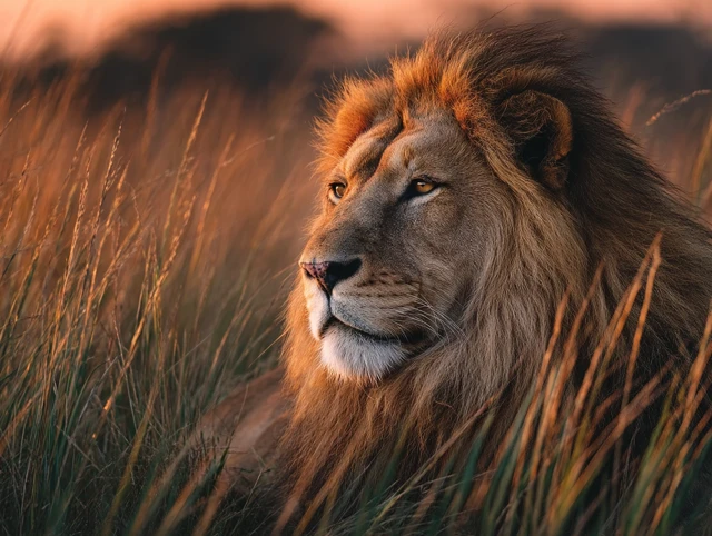Majestic Lion in African Savanna Sunset Photography