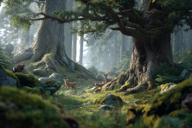 Serene Forest Clearing with Deer Sunlight and Trees