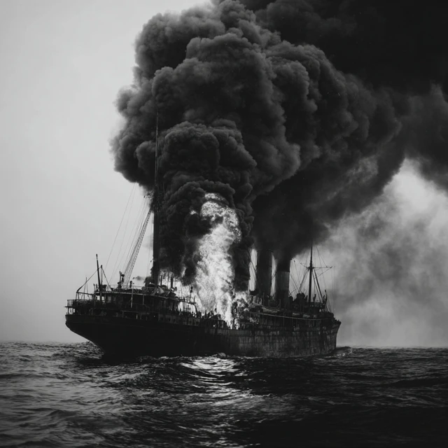 Burning Ship Black and White Illustration