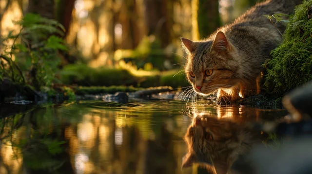 Cat at Riverside Peaceful Forest Scene