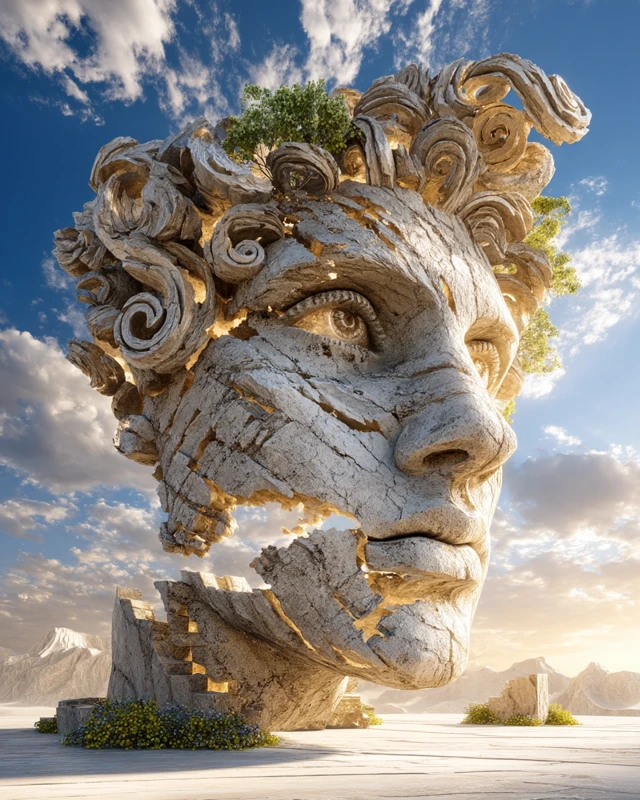 Stone Sculpture Head with Spiraling Curls and Sunset Glow