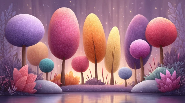 Whimsical Fantasy Landscape with Colorful Trees and Lake