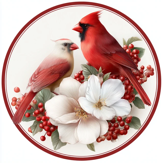 Red Cardinals Flowers Berries Clip Art Style