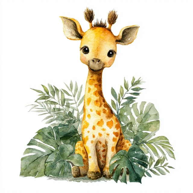 Cute Watercolor Baby Giraffe Safari Illustration
