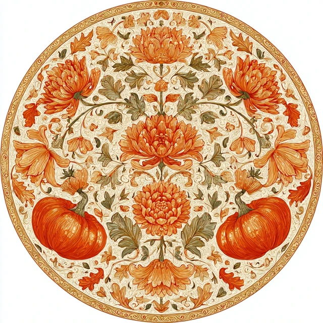 Autumnal Floral Carpet Design With Pumpkins And Chrysanthemums