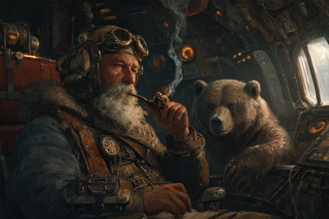 Steampunk Mech Pilot and Bear Copilot Oil Painting