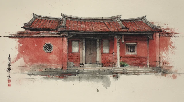 Southern Taiwanese Courtyard House Ink Wash Painting